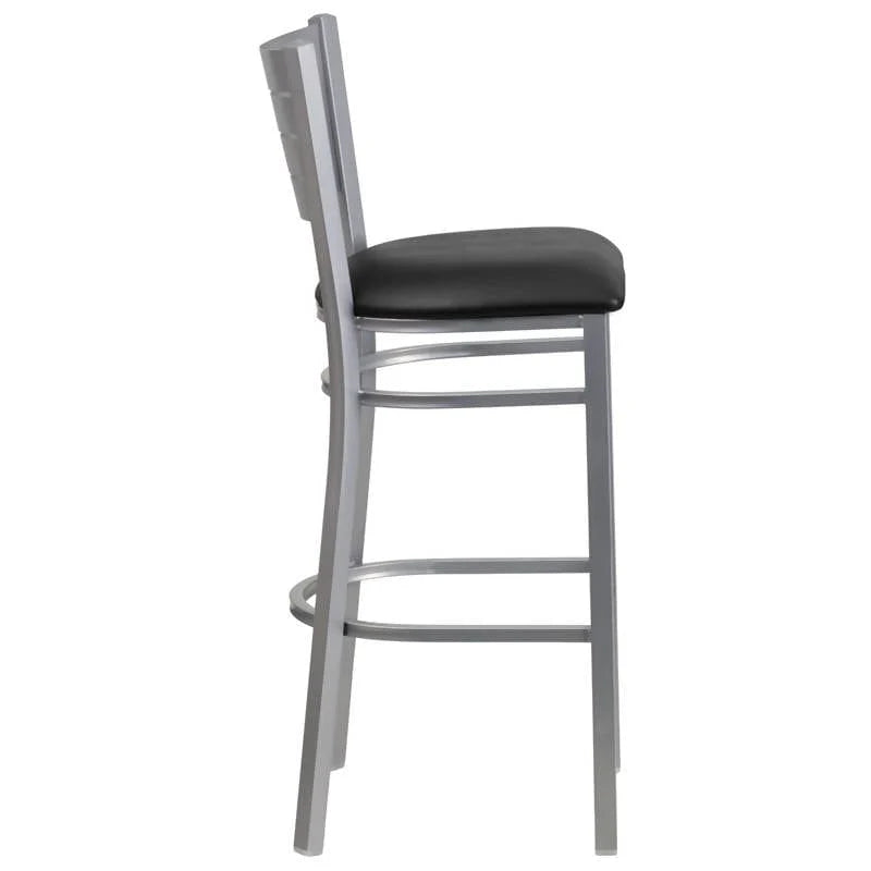 HERCULES Series Silver Slat Back Metal Restaurant Barstool - Black Vinyl Seat [XU-DG-60402-BAR-BLKV-GG] Pie's Variety Store