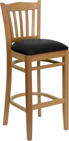 HERCULES Series Vertical Slat Back Natural Wood Restaurant Barstool - Black Vinyl Seat [XU-DGW0008BARVRT-NAT-BLKV-GG] Pie's Variety Store