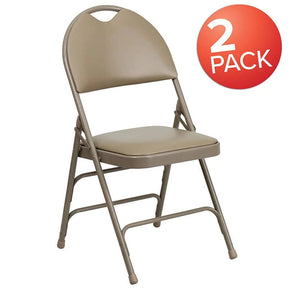 2 Pk. HERCULES Series Ultra-Premium Triple Braced Beige Vinyl Metal Folding Chair with Easy-Carry Handle [2-HA-MC705AV-3-BGE-GG] Fl Furniture