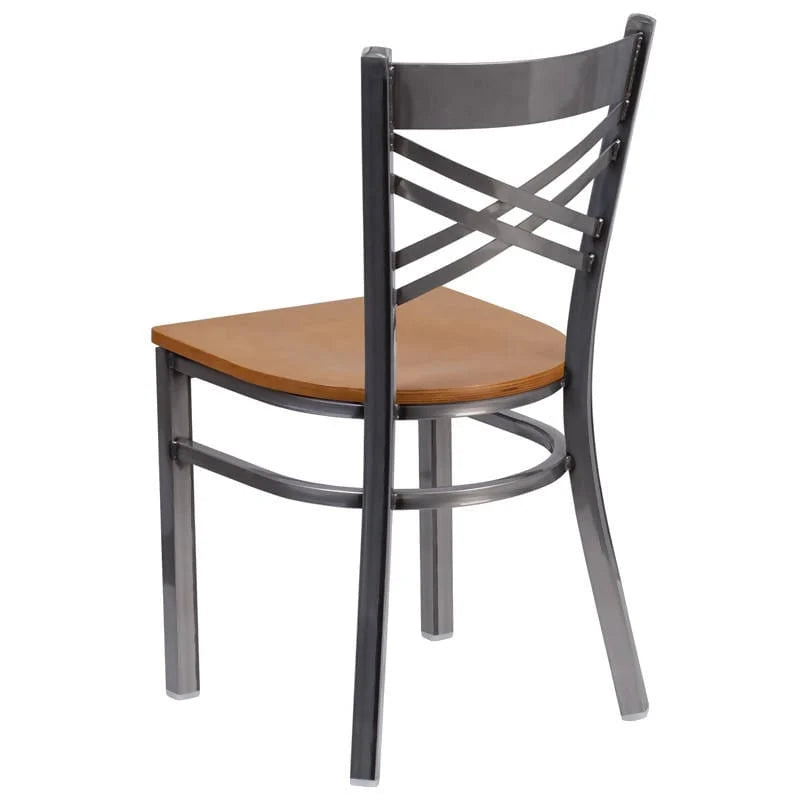 HERCULES Series Clear Coated ''X'' Back Metal Restaurant Chair - Cherry Wood Seat [XU-6FOB-CLR-CHYW-GG] Pie's Variety Store