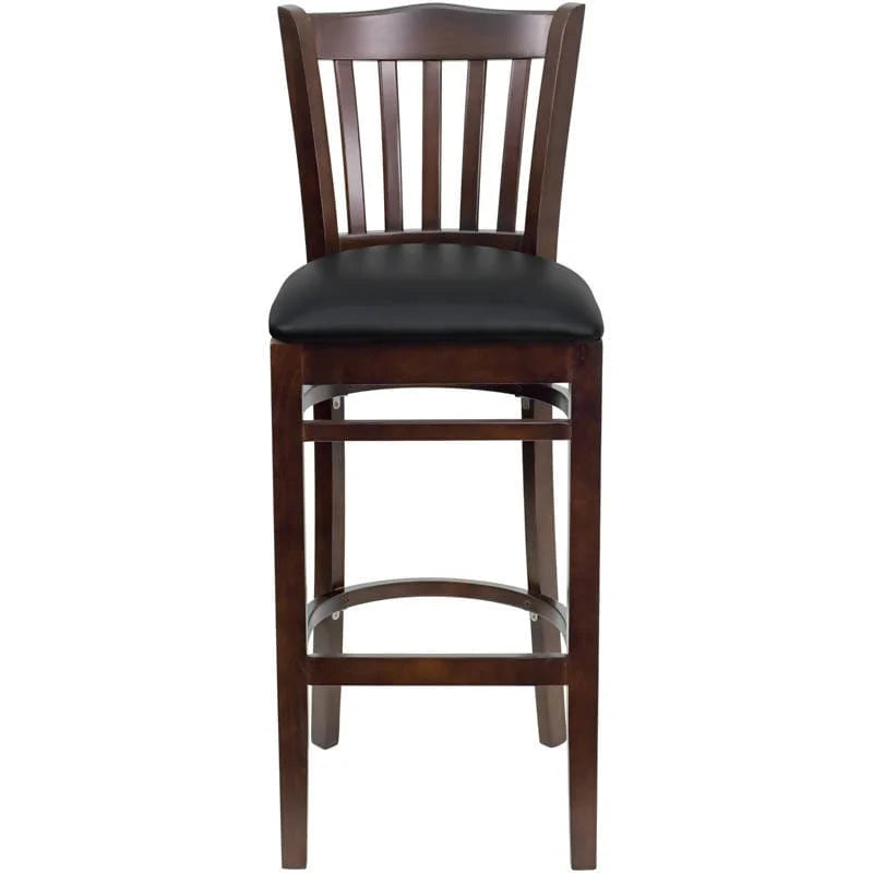 HERCULES Series Vertical Slat Back Walnut Wood Restaurant Barstool - Black Vinyl Seat [XU-DGW0008BARVRT-WAL-BLKV-GG] Pie's Variety Store
