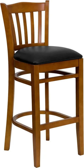 HERCULES Series Vertical Slat Back Cherry Wood Restaurant Barstool - Black Vinyl Seat [XU-DGW0008BARVRT-CHY-BLKV-GG] Pie's Variety Store