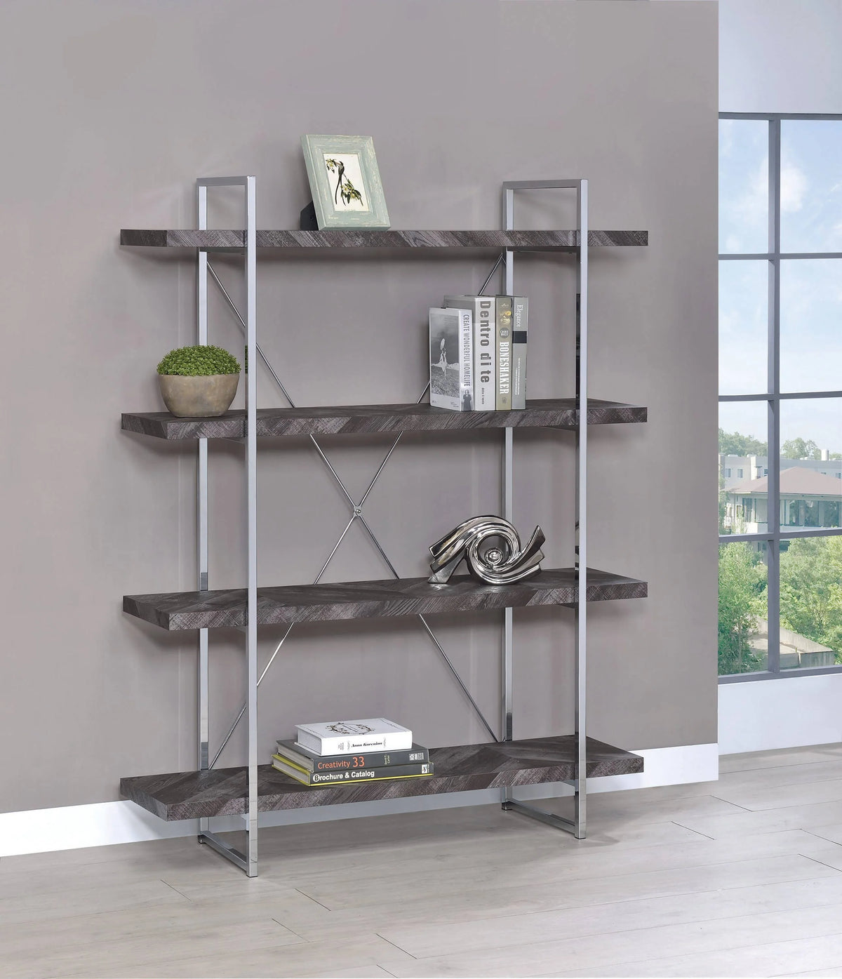 Grimma 4-Shelf Bookcase Rustic Grey Herringbone - 802613 Pie's Variety Store