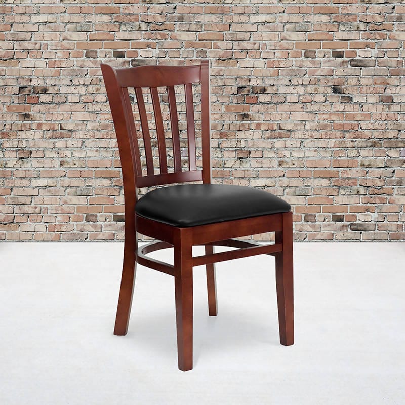 HERCULES Series Vertical Slat Back Mahogany Wood Restaurant Chair - Black Vinyl Seat [XU-DGW0008VRT-MAH-BLKV-GG] Pie's Variety Store