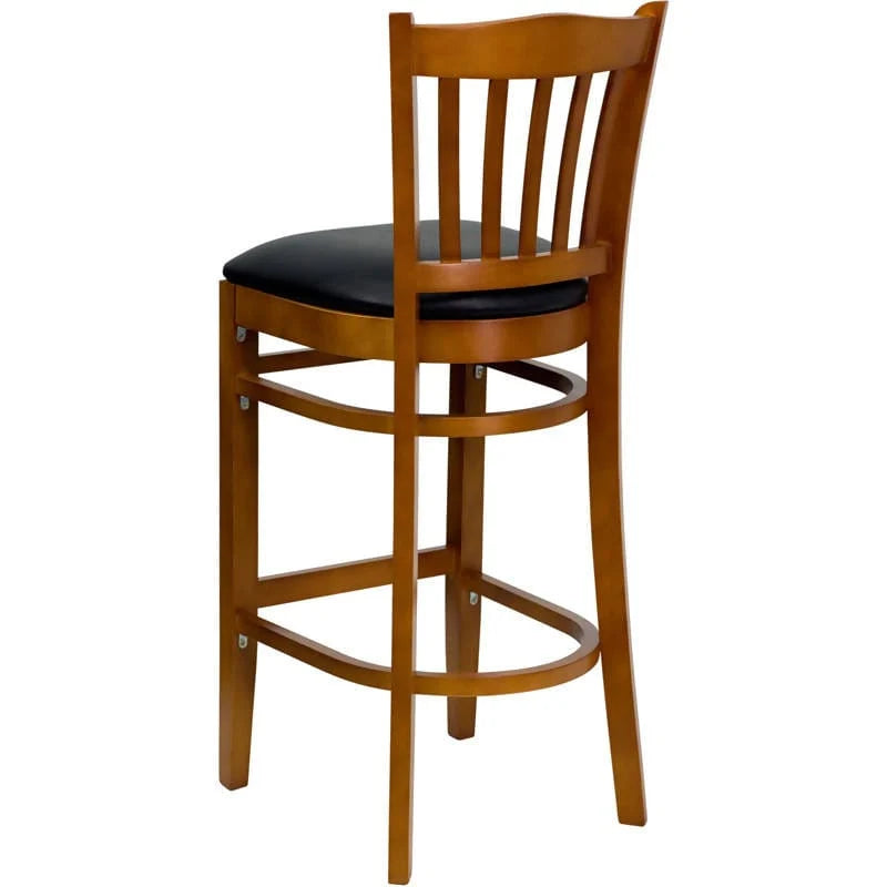 HERCULES Series Vertical Slat Back Cherry Wood Restaurant Barstool - Black Vinyl Seat [XU-DGW0008BARVRT-CHY-BLKV-GG] Pie's Variety Store