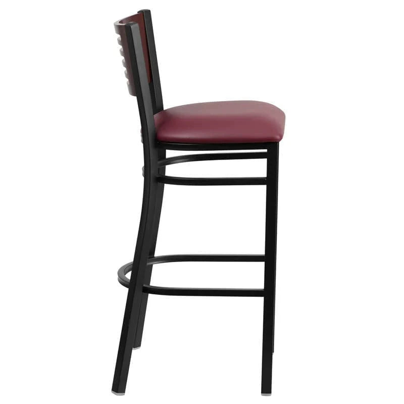 HERCULES Series Black Slat Back Metal Restaurant Barstool - Mahogany Wood Back