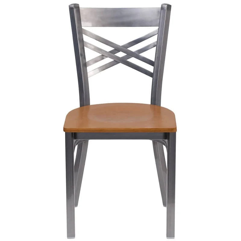 HERCULES Series Clear Coated ''X'' Back Metal Restaurant Chair - Cherry Wood Seat [XU-6FOB-CLR-CHYW-GG] Pie's Variety Store
