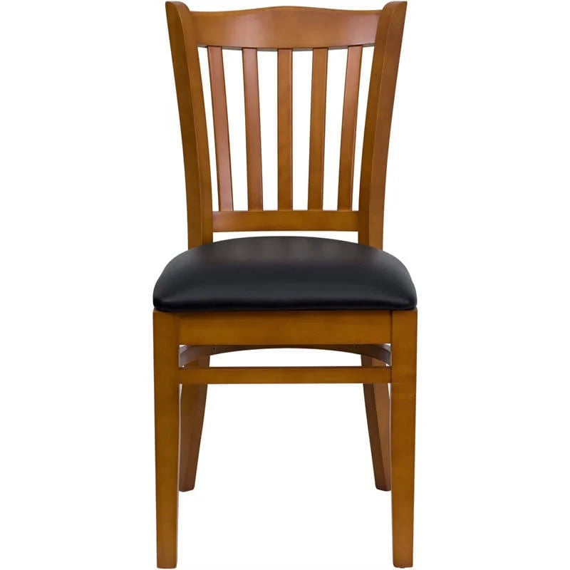 HERCULES Series Vertical Slat Back Cherry Wood Restaurant Chair - Black Vinyl Seat [XU-DGW0008VRT-CHY-BLKV-GG] Pie's Variety Store