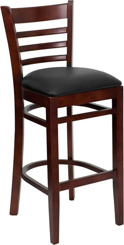 HERCULES Series Ladder Back Mahogany Wood Restaurant Barstool - Black Vinyl Seat [XU-DGW0005BARLAD-MAH-BLKV-GG] Pie's Variety Store