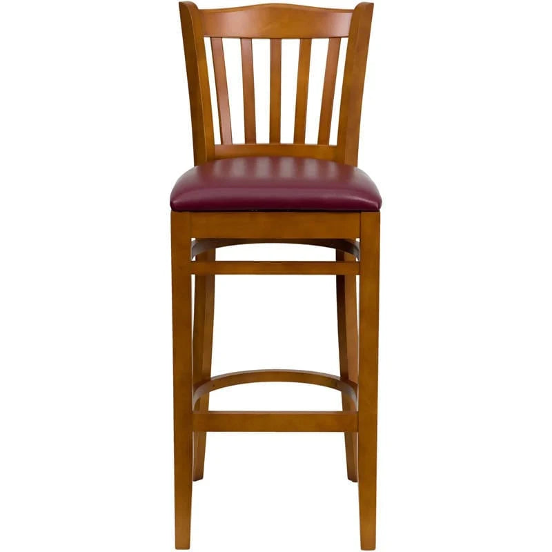 HERCULES Series Vertical Slat Back Cherry Wood Restaurant Barstool - Black Vinyl Seat [XU-DGW0008BARVRT-CHY-BLKV-GG] Pie's Variety Store