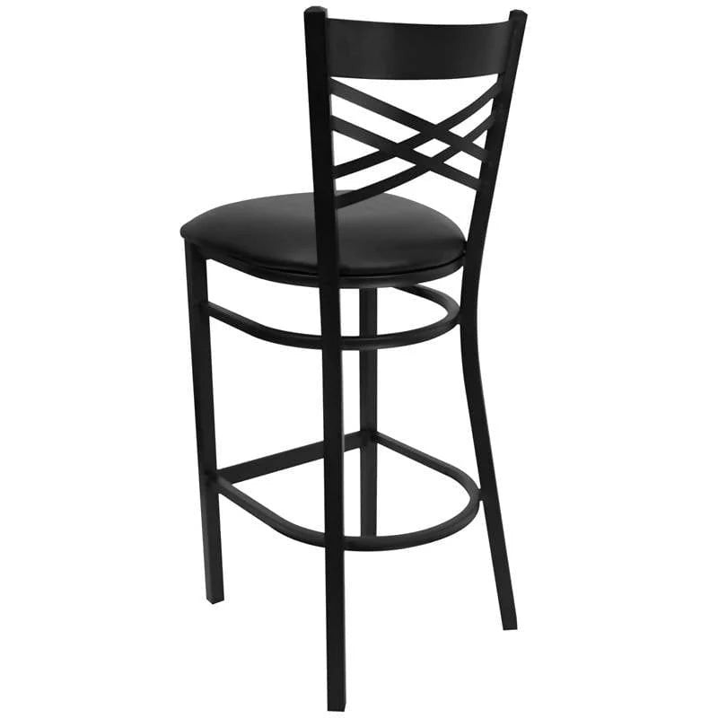 HERCULES Series Black ''X'' Back Metal Restaurant Barstool - Black Vinyl Seat [XU-6F8BXBK-BAR-BLKV-GG] Pie's Variety Store