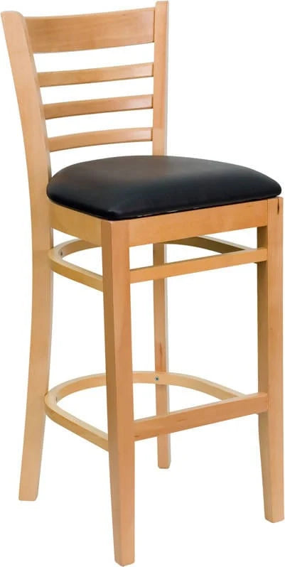 HERCULES Series Ladder Back Natural Wood Restaurant Barstool - Black Vinyl Seat [XU-DGW0005BARLAD-NAT-BLKV-GG] Pie's Variety Store