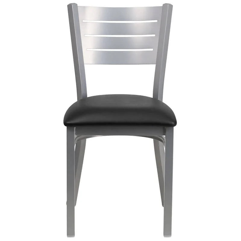 HERCULES Series Silver Slat Back Metal Restaurant Chair - Black Vinyl Seat [XU-DG-60401-BLKV-GG] Pie's Variety Store