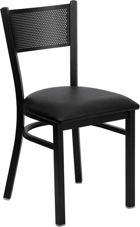 HERCULES Series Black Grid Back Metal Restaurant Chair - Black Vinyl Seat [XU-DG-60115-GRD-BLKV-GG] Pie's Variety Store