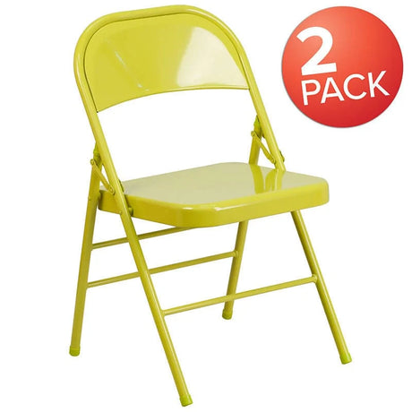 2 Pk. HERCULES COLORBURST Series Twisted Citron Triple Braced & Double Hinged Metal Folding Chair [2-HF3-CITRON-GG] Pie's Variety Store