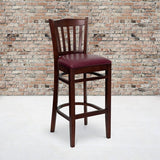 HERCULES Series Vertical Slat Back Mahogany Wood Restaurant Barstool - Black Vinyl Seat [XU-DGW0008BARVRT-MAH-BLKV-GG] Pie's Variety Store