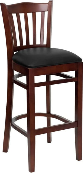 HERCULES Series Vertical Slat Back Mahogany Wood Restaurant Barstool - Black Vinyl Seat [XU-DGW0008BARVRT-MAH-BLKV-GG] Pie's Variety Store