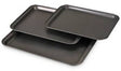 Diamond Home 3-Piece Cookie Sheet Baking Set includes three cookie sheets in different sizes to cover all of your baking needs. The various sizes come in handy for heating frozen snacks