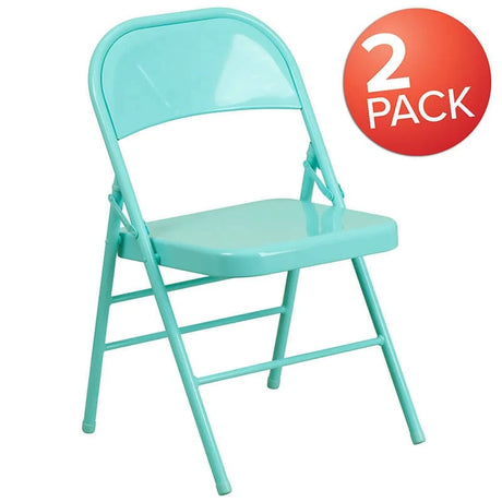 2 Pk. HERCULES COLORBURST Series Tantalizing Teal Triple Braced & Double Hinged Metal Folding Chair [2-HF3-TEAL-GG] Fl Furniture