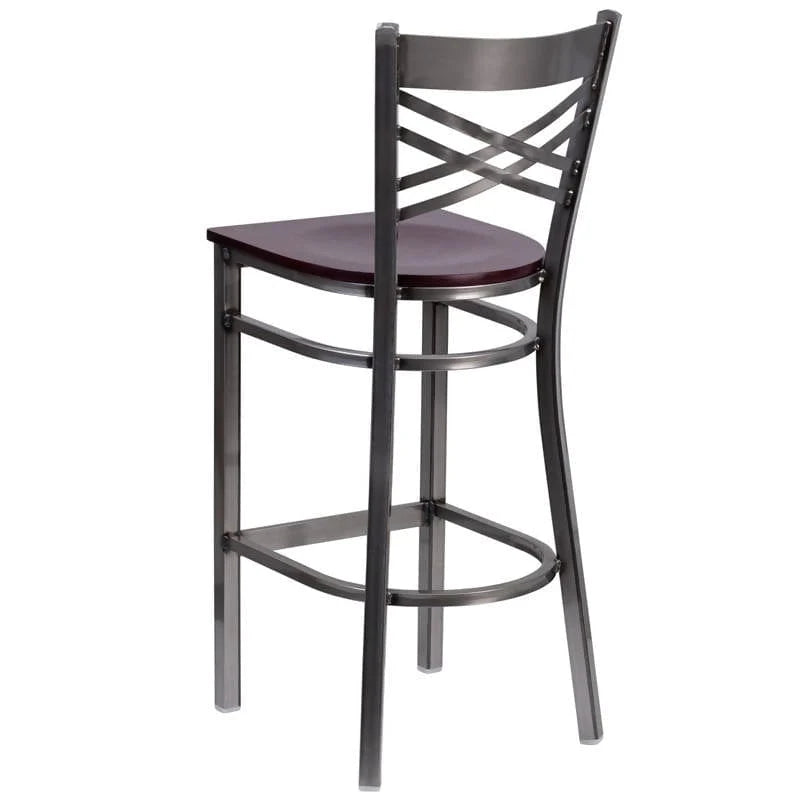 HERCULES Series Clear Coated ''X'' Back Metal Restaurant Barstool - Cherry Wood Seat [XU-6F8B-CLR-BAR-CHYW-GG] Pie's Variety Store