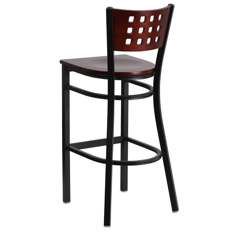 HERCULES Series Black Cutout Back Metal Restaurant Barstool - Mahogany Wood Back & Seat [XU-DG-60118-MAH-BAR-MTL-GG] Pie's Variety Store