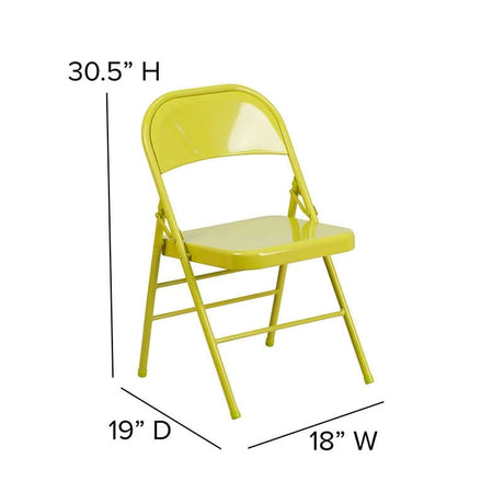 2 Pk. HERCULES COLORBURST Series Twisted Citron Triple Braced & Double Hinged Metal Folding Chair [2-HF3-CITRON-GG] Pie's Variety Store