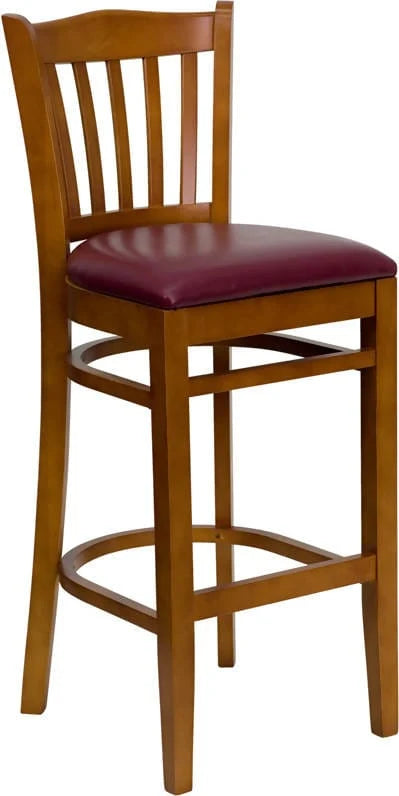 HERCULES Series Vertical Slat Back Cherry Wood Restaurant Barstool - Black Vinyl Seat [XU-DGW0008BARVRT-CHY-BLKV-GG] Pie's Variety Store