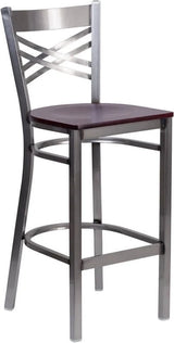 HERCULES Series Clear Coated ''X'' Back Metal Restaurant Barstool - Cherry Wood Seat [XU-6F8B-CLR-BAR-CHYW-GG] Pie's Variety Store