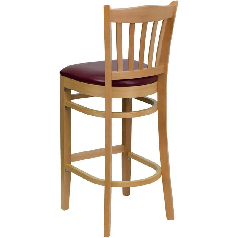 HERCULES Series Vertical Slat Back Natural Wood Restaurant Barstool - Black Vinyl Seat [XU-DGW0008BARVRT-NAT-BLKV-GG] Pie's Variety Store