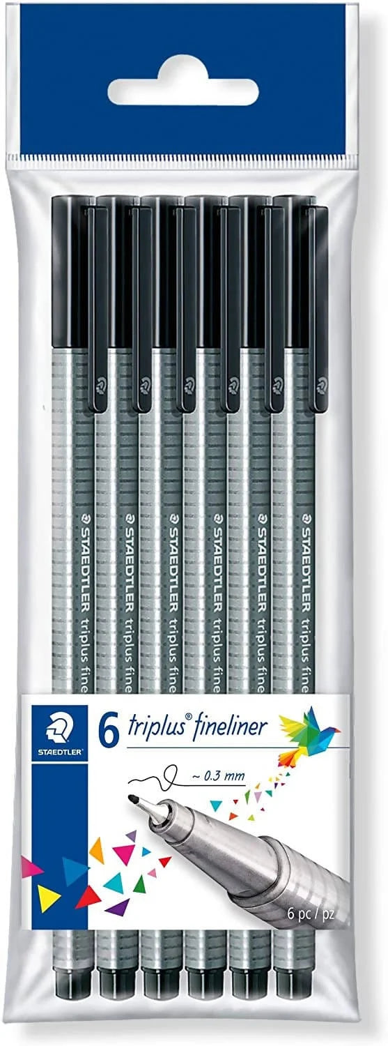 Staedtler 334 Triplus Fineliner Pens - Black (Pack of 6) features a superfine