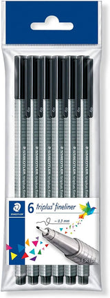 Staedtler 334 Triplus Fineliner Pens - Black (Pack of 6) features a superfine