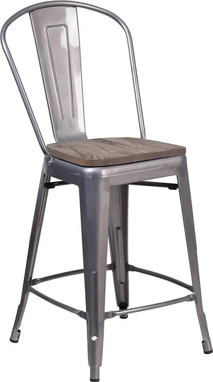 24inches High Clear Coated Counter Height Stool with Back and Wood Seat [XU-DG-TP001B-24-WD-GG] Fl Furniture