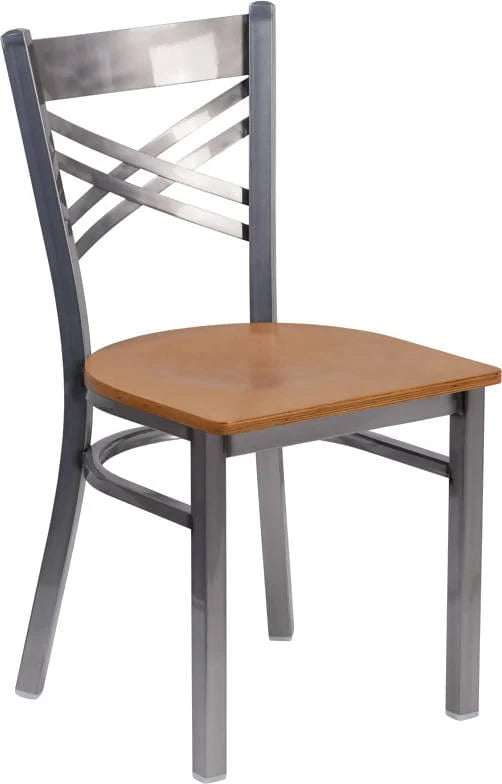 HERCULES Series Clear Coated ''X'' Back Metal Restaurant Chair - Cherry Wood Seat [XU-6FOB-CLR-CHYW-GG] Pie's Variety Store