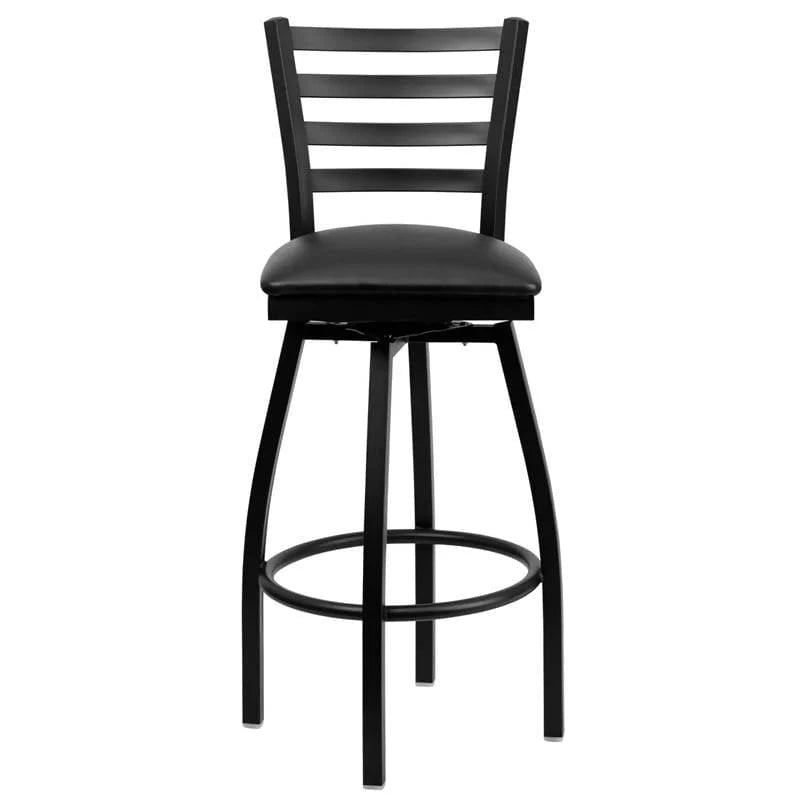 HERCULES Series Black Ladder Back Swivel Metal Barstool - Black Vinyl Seat [XU-6F8B-LADSWVL-BLKV-GG] Pie's Variety Store