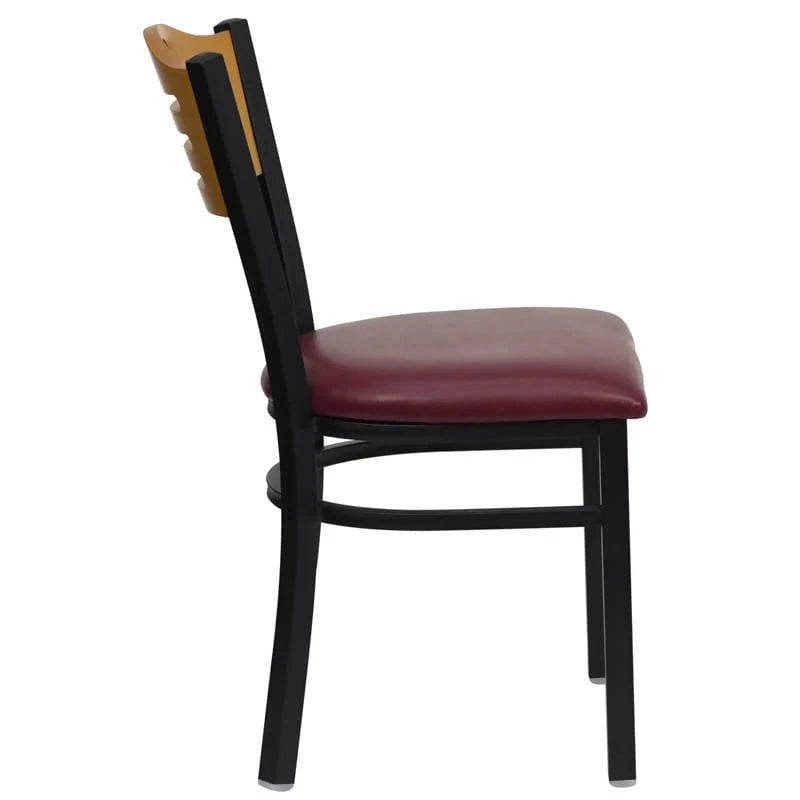 HERCULES Series Black Slat Back Metal Restaurant Chair - Natural Wood Back