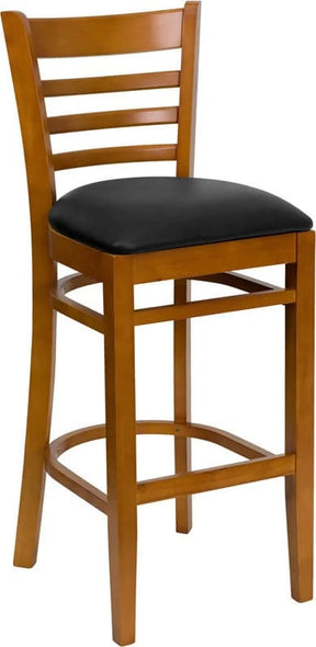 HERCULES Series Ladder Back Cherry Wood Restaurant Barstool - Black Vinyl Seat [XU-DGW0005BARLAD-CHY-BLKV-GG] Pie's Variety Store