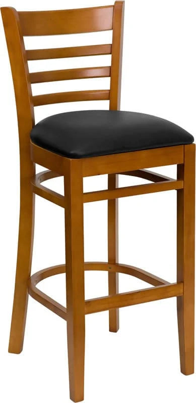 HERCULES Series Ladder Back Cherry Wood Restaurant Barstool - Black Vinyl Seat [XU-DGW0005BARLAD-CHY-BLKV-GG] Pie's Variety Store