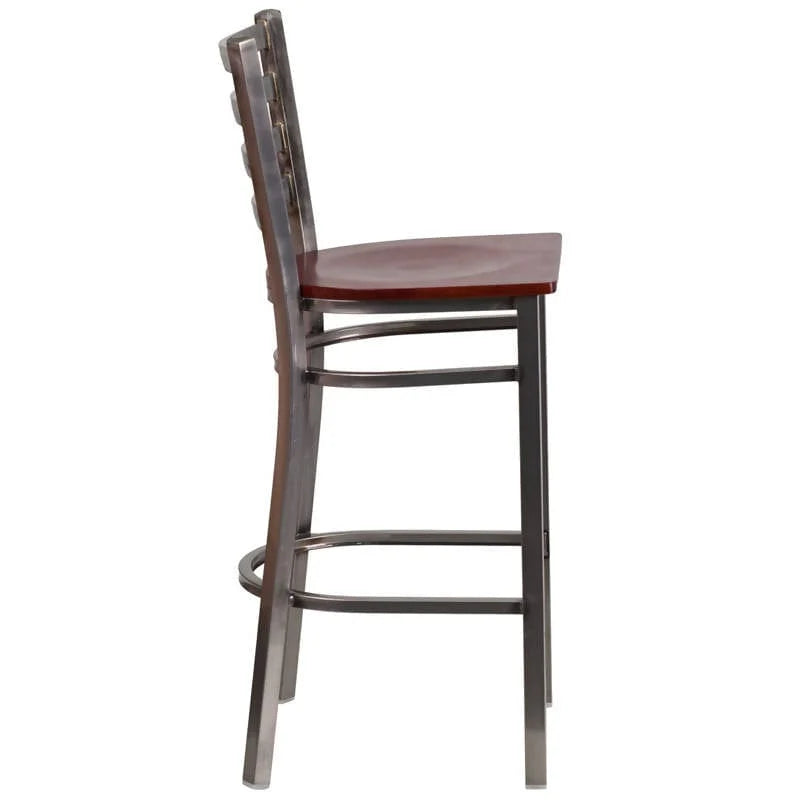 HERCULES Series Clear Coated Ladder Back Metal Restaurant Barstool - Cherry Wood Seat [XU-DG697BLAD-CLR-BAR-CHYW-GG] Pie's Variety Store
