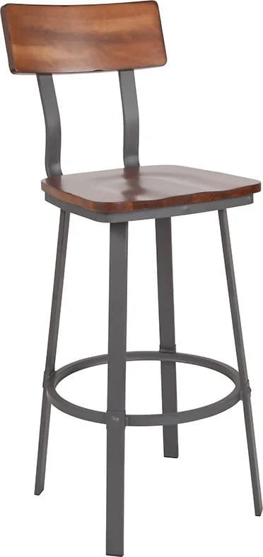 Flint Series Rustic Walnut Restaurant Barstool with Wood Seat & Back and Gray Powder Coat Frame [XU-DG-60582B-GG] Pie's Variety Store