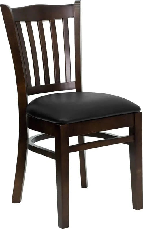 HERCULES Series Vertical Slat Back Walnut Wood Restaurant Chair - Black Vinyl Seat [XU-DGW0008VRT-WAL-BLKV-GG] Pie's Variety Store