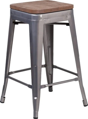 24inches High Backless Clear Coated Metal Counter Height Stool with Square Wood Seat [XU-DG-TP0004-24-WD-GG] Fl Furniture