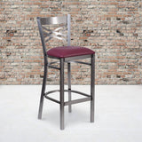 HERCULES Series Clear Coated ''X'' Back Metal Restaurant Barstool - Black Vinyl Seat [XU-6F8B-CLR-BAR-BLKV-GG] Pie's Variety Store