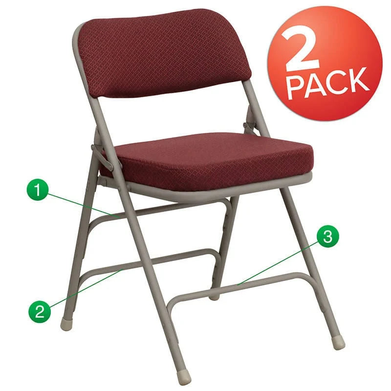 2 Pk. HERCULES Series Premium Curved Triple Braced & Double Hinged Burgundy Fabric Metal Folding Chair [2-HA-MC320AF-BG-GG] Fl Furniture