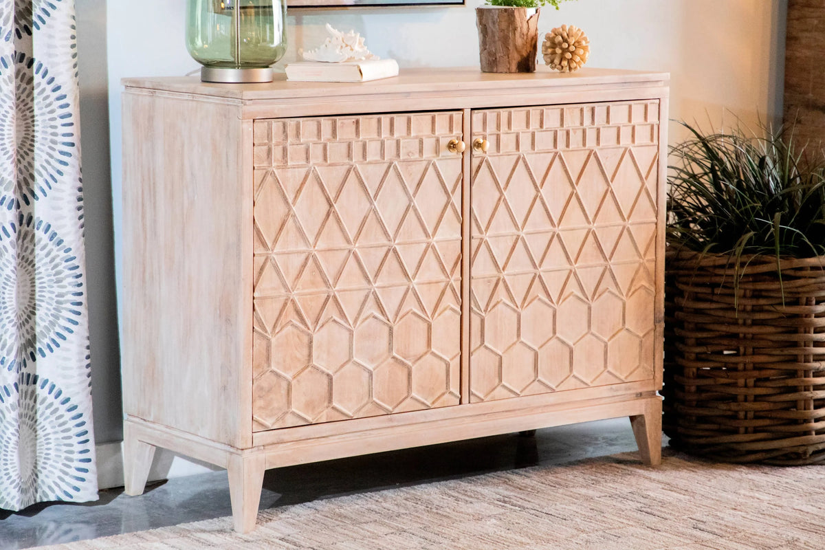 2-Door Geometric Accent Cabinet White Distressed - 953408 Pie's Variety Store
