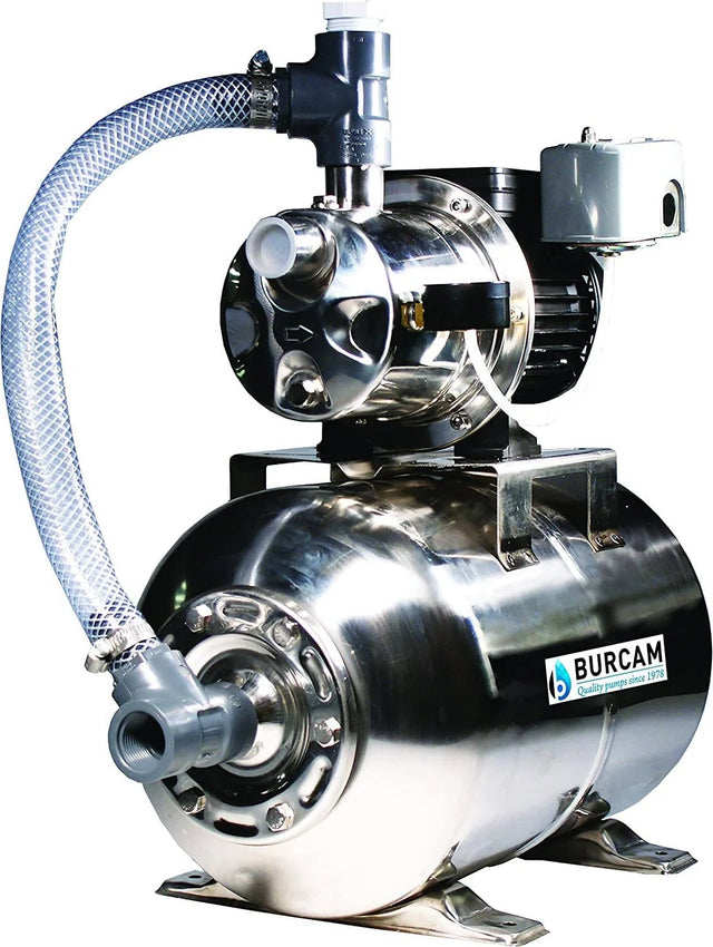 Burcam Stainless Steel Jet Pump/Tank is ideal for pumping in depths 25ft or less. Its stainless steel construction prevents rust contamination and ensures cleaner