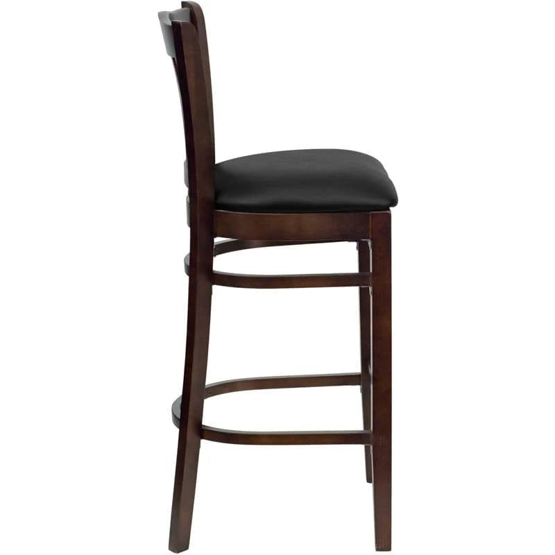 HERCULES Series Vertical Slat Back Walnut Wood Restaurant Barstool - Black Vinyl Seat [XU-DGW0008BARVRT-WAL-BLKV-GG] Pie's Variety Store