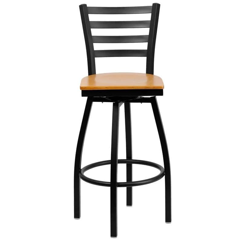 HERCULES Series Black Ladder Back Swivel Metal Barstool - Cherry Wood Seat [XU-6F8B-LADSWVL-CHYW-GG] Pie's Variety Store