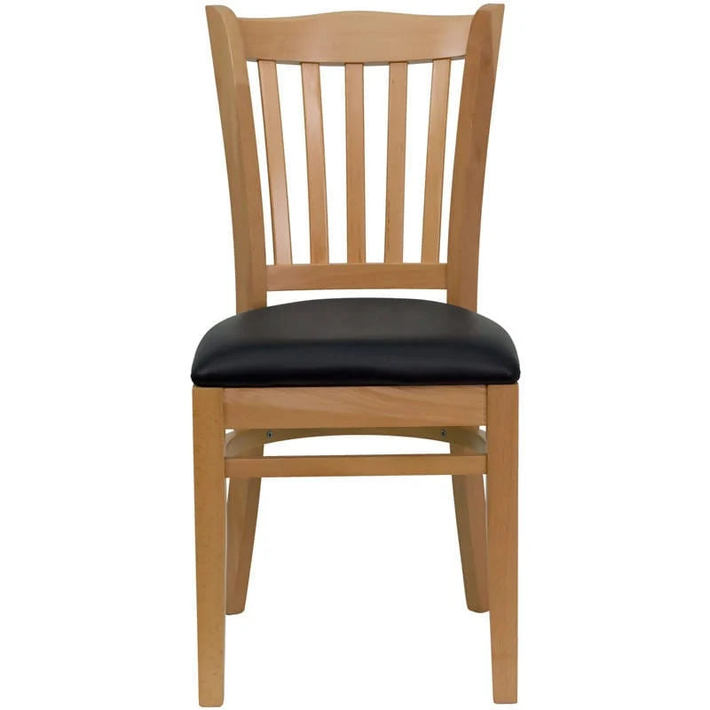 HERCULES Series Vertical Slat Back Natural Wood Restaurant Chair - Black Vinyl Seat [XU-DGW0008VRT-NAT-BLKV-GG] Pie's Variety Store