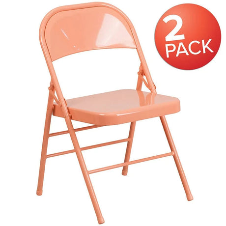 2 Pk. HERCULES COLORBURST Series Sedona Coral Triple Braced & Double Hinged Metal Folding Chair [2-HF3-CORAL-GG] Fl Furniture