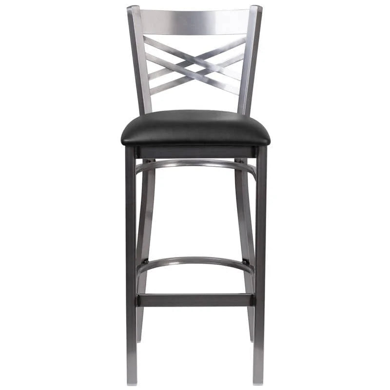 HERCULES Series Clear Coated ''X'' Back Metal Restaurant Barstool - Black Vinyl Seat [XU-6F8B-CLR-BAR-BLKV-GG] Pie's Variety Store